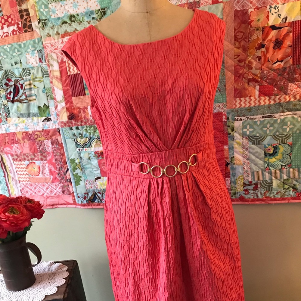 Studio I Textured Dress in Coral with Gold detail